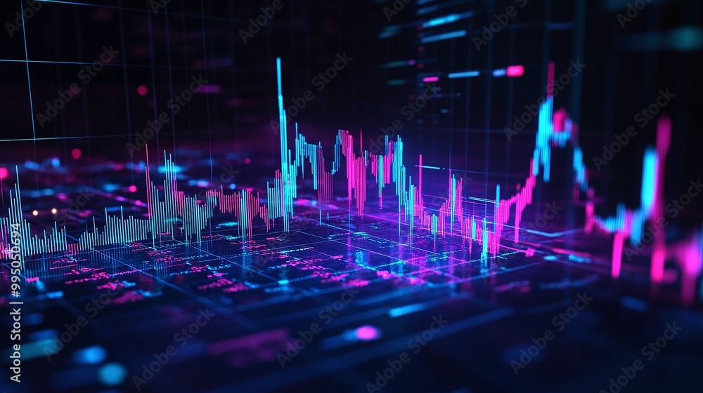 Aufkleber vibrant digital graph representing data trends, with colorful lines and bars against a dark backgrou