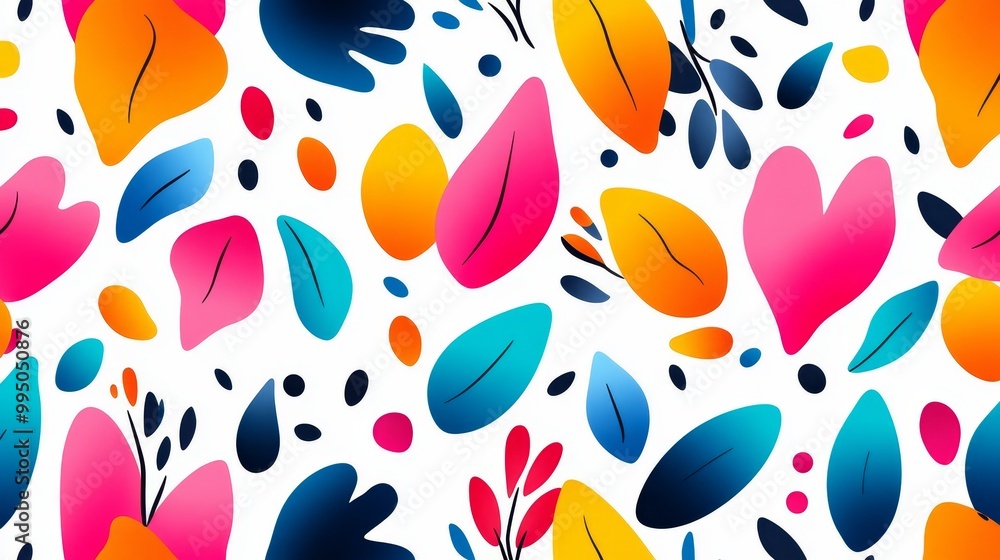 Aufkleber vibrant abstract seamless pattern featuring colorful organic shapes, leaves, and dots on a white bac