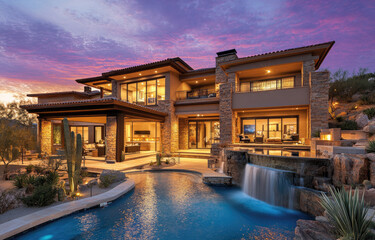 A beautiful house in the Arizona desert with a pool and waterfall, a purple sky at dusk, atmospheric lighting, the interior is a warm white color