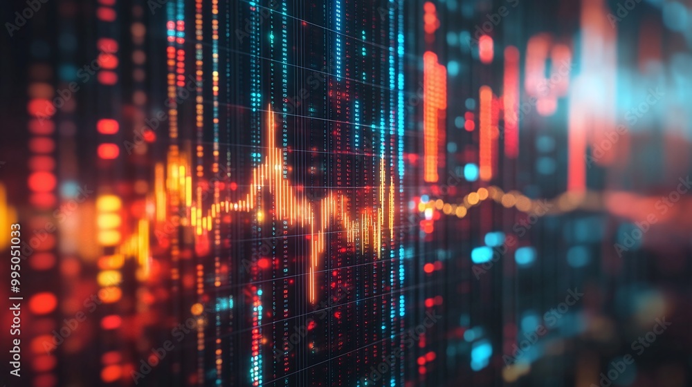 Poster vibrant digital sound wave pattern with colorful elements representing data and technology.