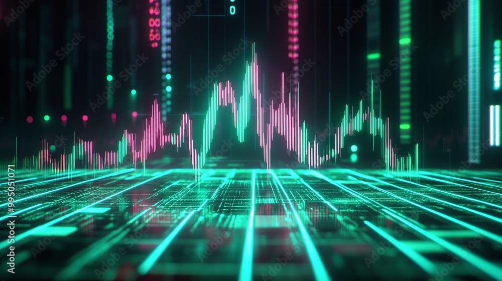Aufkleber vibrant digital sound waves displayed over a grid pattern, showcasing modern technology and audio vi