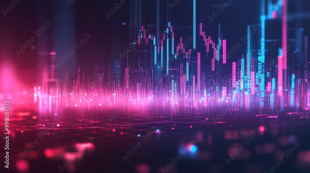 Poster vibrant digital sound wave visualization in pink and blue tones, representing data flow and informat