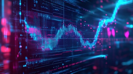 Vibrant digital stock market chart with glowing lines and data points against a dark background.