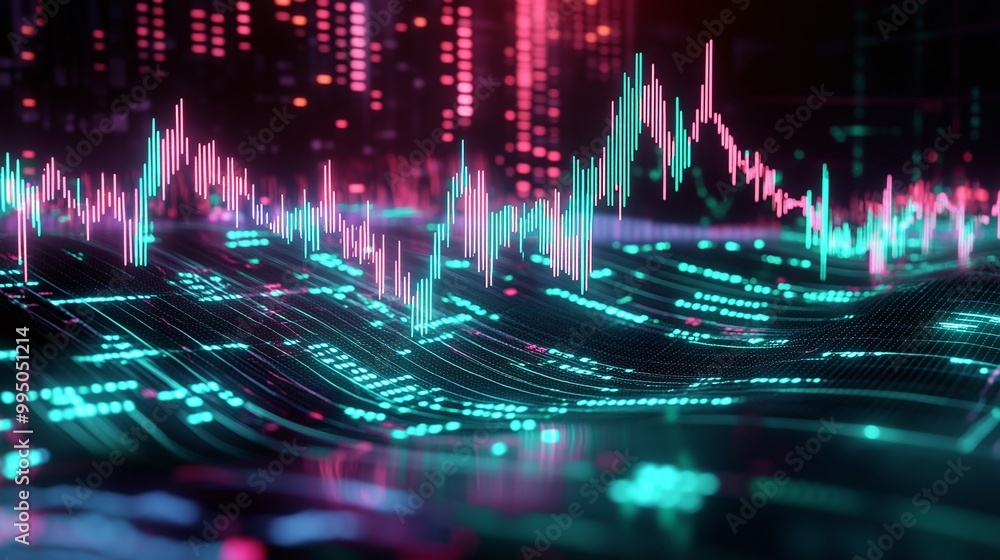 Poster vibrant digital wave graph representing data visualization in technology with neon colors and intric