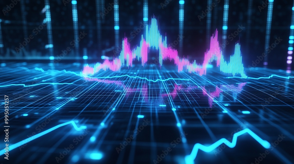 Aufkleber vibrant digital visualization of data trends with blue and pink waveforms on a grid background.