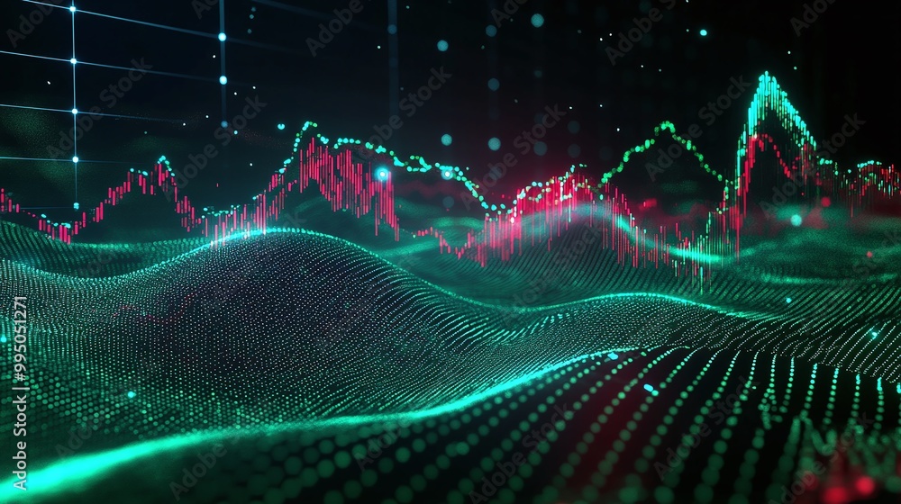 Poster vibrant digital wave patterns in green and red, representing data visualization in a futuristic styl