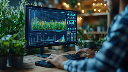 farmer analyzes crop data using advanced AI software on computer, surrounded by greenery. vibrant charts and graphs indicate predictions for crop yield and growth trends