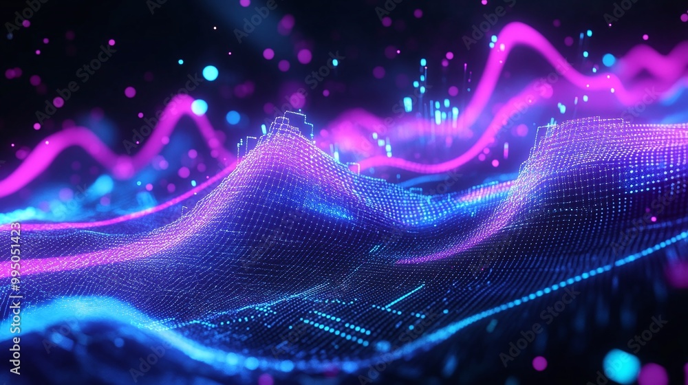 Poster vibrant digital waves of neon blue and pink create an abstract visualization of data and sound.