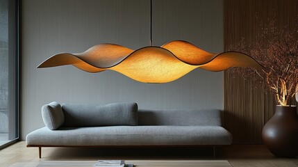 Modern living room with a stylish wave-shaped pendant light.