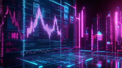Vibrant neon financial data visualizations in a futuristic digital environment.