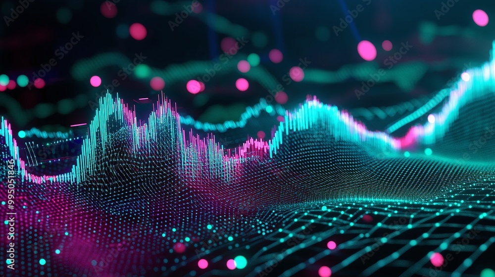Poster visual representation of digital sound waves with vibrant colors, showcasing the complexity of audio