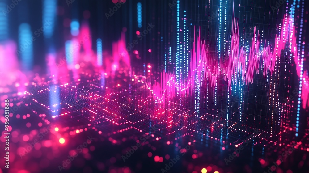 Poster vivid digital data visualization with vibrant pink and blue wave patterns representing data flow and