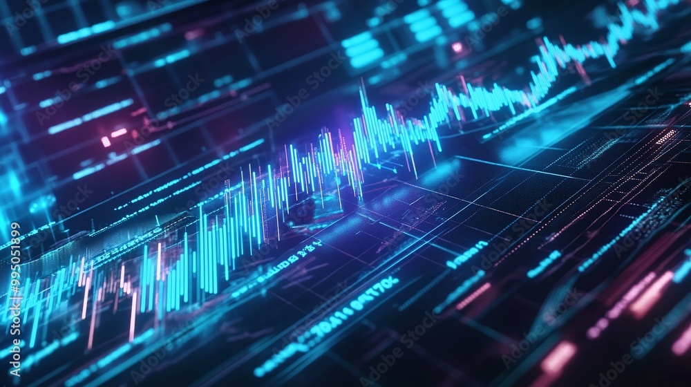 Poster vivid digital graphic showing innovative data visualization patterns and fluctuating market trends.