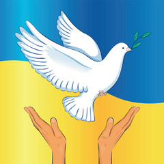 Vector white dove of peace on the background of the flag of Ukraine. Symbol of peace and freedom. Support for Ukraine. International Peace day banner card design
