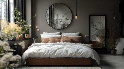 Minimalist Bedroom Design with Plants and Large Round Mirror
