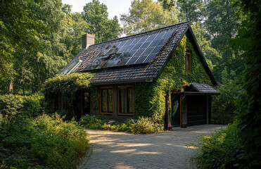 Fototapeta premium A traditional house with solar panels on the roof, surrounded by lush greenery and trees in an urban park setting. 