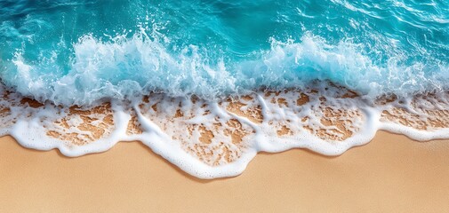 Obraz premium Ocean waves gently crashing on a sandy beach, serene coastal scene.