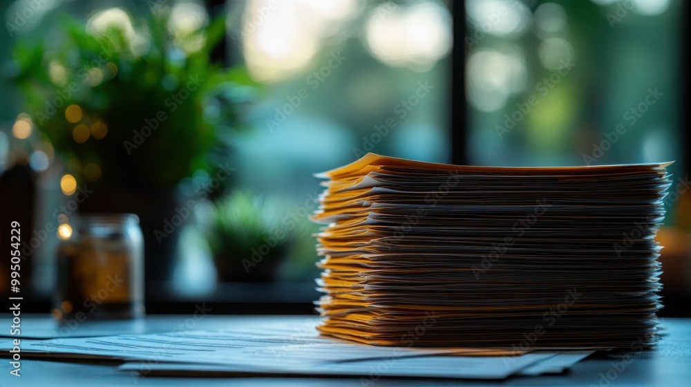 Poster a stack of papers on a table with a blurred background.
