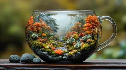 A glass cup showcasing a miniature landscape with vibrant foliage.