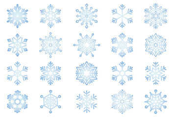 雪の結晶のパターンイラストセット（水色グラデーション）