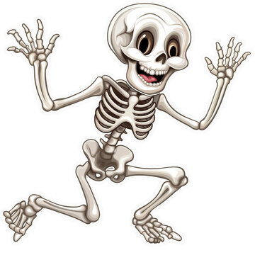 Cartoon skeleton with a big smile waving joyfully - sticker concept