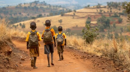 equality education volunteer service concept picture of poor African students walking along dirt path to school at Africa