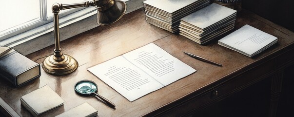 A cozy workspace featuring a wooden desk with stacks of paper, a pen, a magnifying glass, and a vintage lamp by a window, inviting creativity and focus.