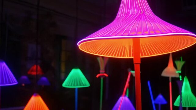 A vibrant, glowing witch&rsquo;s hat surrounded by neon-colored broomsticks in the air.