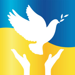 Vector white dove of peace on the background of the flag of Ukraine. Symbol of peace and freedom. Support for Ukraine. International Peace day banner card design