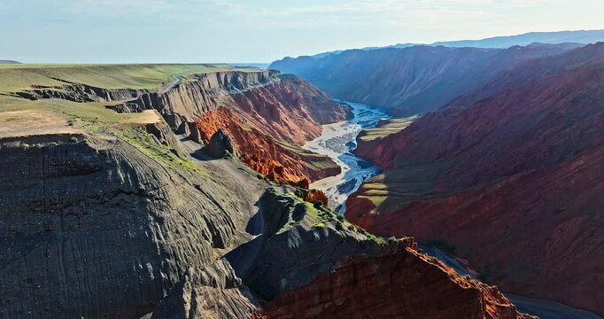 Spectacular Anjihai Grand Canyon natural landscape in Xinjiang, China. Aerial view of mountain faults and canyon rivers.