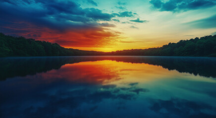 a sunset over a lake