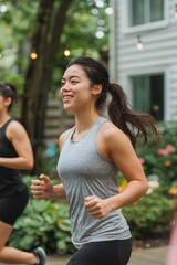 Fototapeta premium A Group Of Friends Doing A HIIT Workout In A Backyard. The Outdoor Setting Adds Freshness To Their Fitness Routine