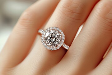 Elegant Woman's Ring Finger Wearing Luxurious Diamond Jewelry suitable for business background, posters, wallpapers, banners, greeting cards, generative ai