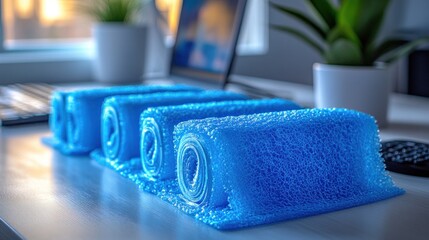 Blue foam rolls arranged neatly on a desk with plants in background.