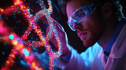 Scientist examining colorful molecular structure in a lab setting.