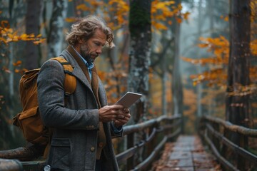 Fototapeta premium Man with tablet in autumn forest