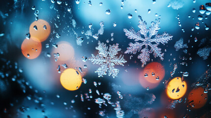 Fototapeta premium rain splattered window showcases delicate snowflakes blending with raindrops, creating serene winter atmosphere. soft bokeh of lights adds warm touch to chilly scene