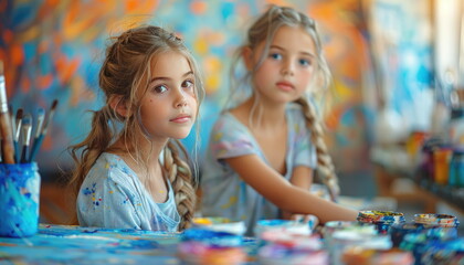 Fototapeta premium Two Young Girls Painting in Art Studio