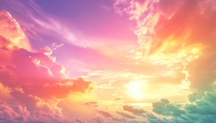 Obraz premium A dreamy sky transitioning from a golden sunset to a full spectrum of rainbow colors, giving off a vibrant yet calming feel