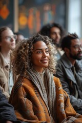 Fototapeta premium Woman in a brown poncho smiles in a group