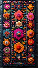 Vibrant embroidered flowers on a dark blue fabric.