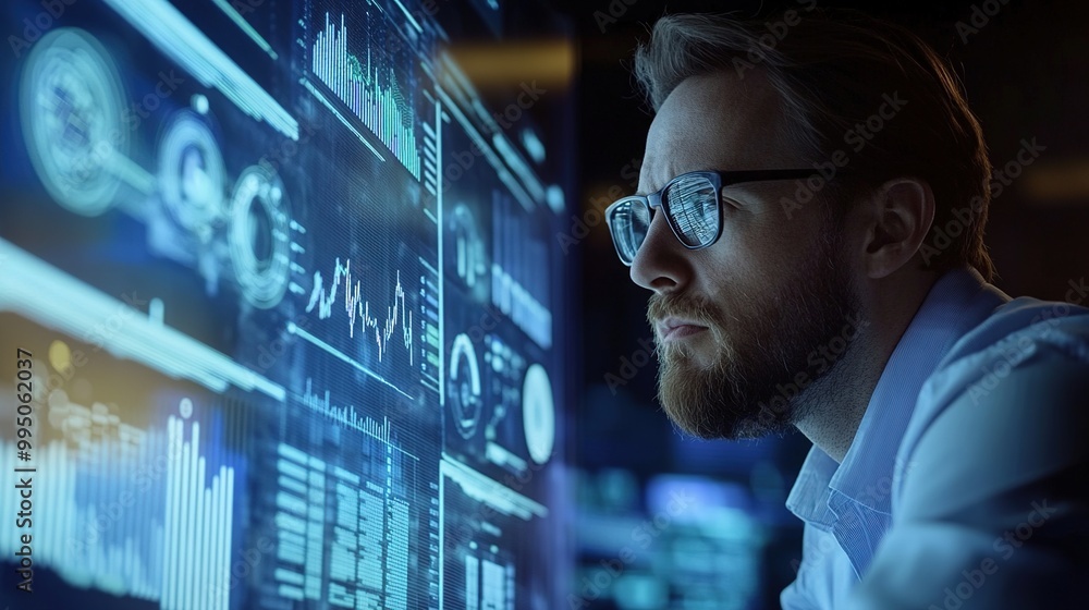Aufkleber a focused analyst examines data on a futuristic screen, showcasing technology and analytics in a mod