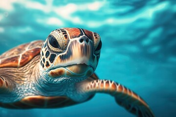 Fototapeta premium An underwater shot of a sea turtle with microplastics embedded in its shell, showing signs of toxic damage, highlighting the long-term effects of ocean pollution