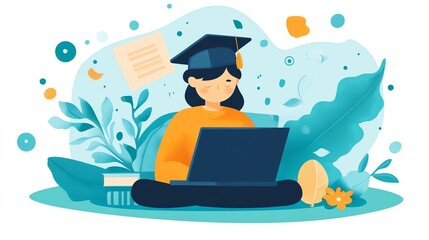 Student studying with laptop and notes in a colorful, creative environment.