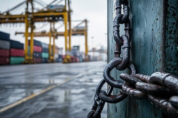 Rusty chain close-up, showcasing industrial strength at a busy shipping port with containers in the background, reflecting wet surfaces.