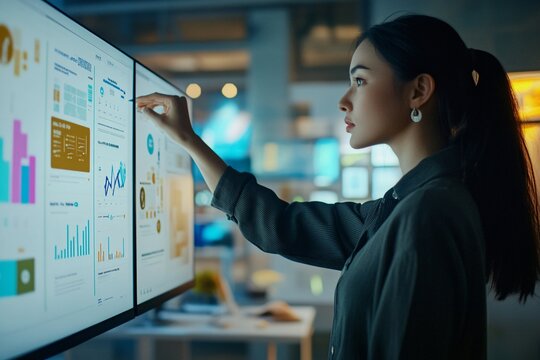 Professional woman analyzing data on a touchscreen display in a modern office environment.