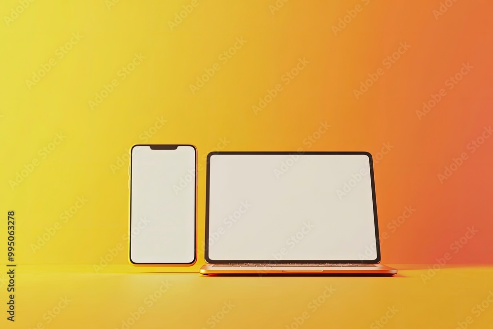 Poster laptop and smartphone isolated on yellow and orange gradient background. 3d rendering of laptop with