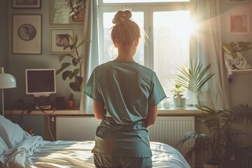 A woman in a green scrubs stands in front of a window with a potted plant