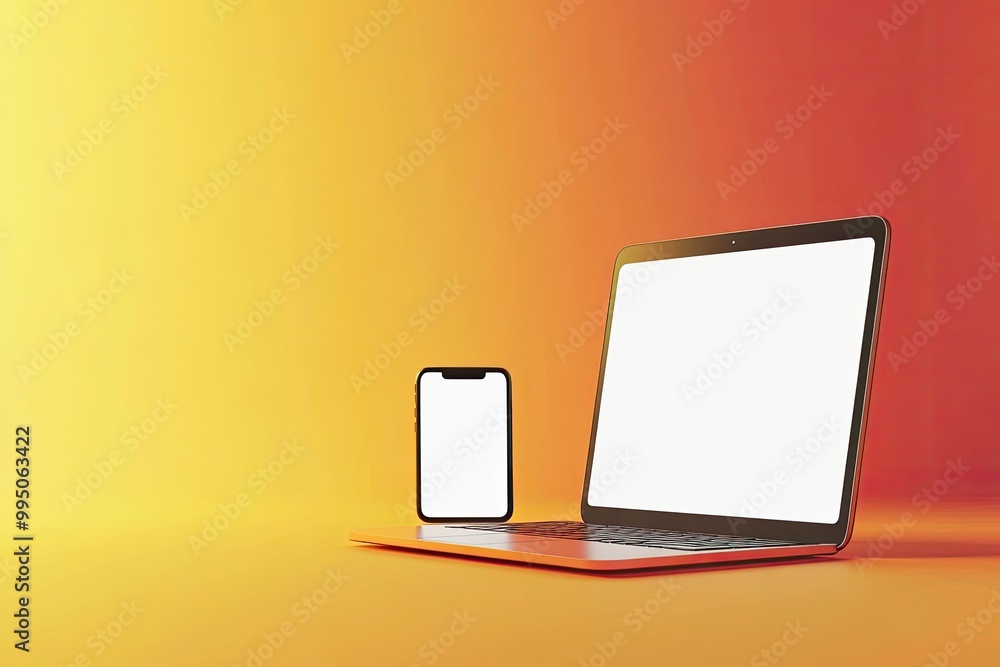 Poster laptop and smartphone isolated on yellow and orange gradient background. 3d rendering of laptop with