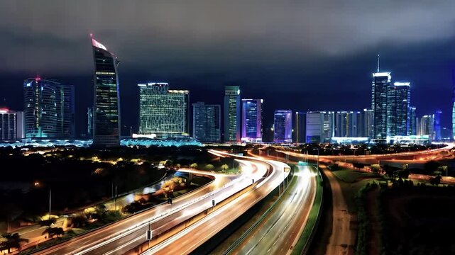 Timelapse of night city traffic fast cars driving around the roundabout on the highway
